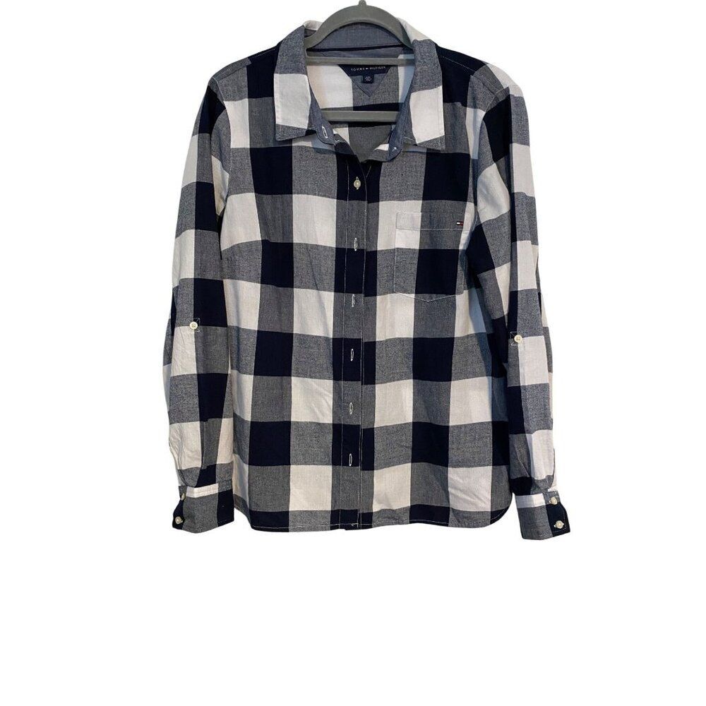 Tommy Hilfiger Womens Size L Navy & White Plaid Button-Up Shirt Long Sleeve